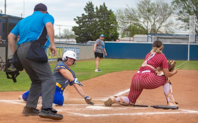 Matt Swearengin | Durant Democrat SE Storm softball player Sage Harlow slides into home plate during a game Saturday with Southern Nazarene.