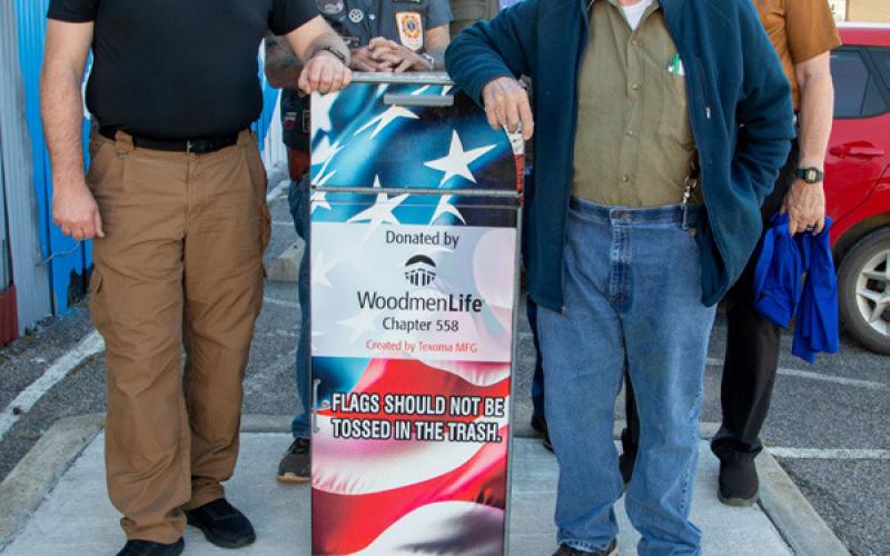 VFW Post No. 3916 now has a flag retirement box where tattered flags can be deposited for proper disposal. VFW members shown are, Brian Cooper, Don “Pappy” Papin, Freddie Allen, Richard Pauly and Jack Accountius. Matt Swearengin | Durant Democrat