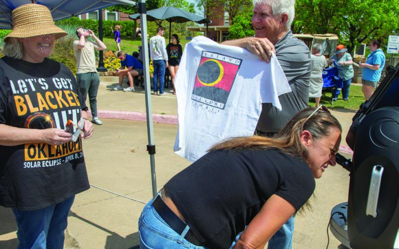 Matt Swearengin | Durant Democrat Retired Southeastern chemistry professor Dr. Gordon Eggleton was among those viewing the eclipse on the Southeastern campus and he had a T-shirt from Hawaii when there was an eclipse in 1991. He bought the shirt when visiting Hawaii with wife Kay and friends.