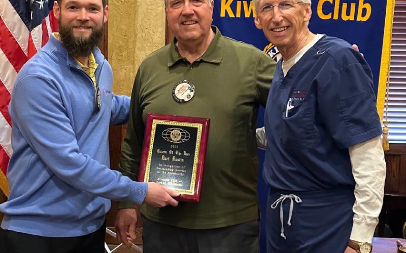 Kiwanian Bart Rustin was named the Durant Kiwanis Club’s Citizen of the Year and he is shown with Kiwanis President Kyle Stephens, left, and Kiwanian Greg Clay.