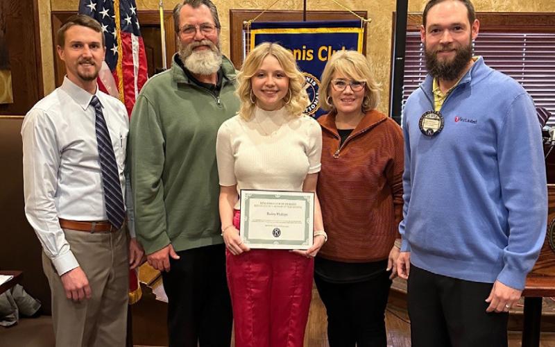 The Durant Kiwanis Club’s Bryan County Senior of the Month is Bailey Phillips from Colbert High School. She is shown with Superintendent Taylor Matlock, parents Troy and Stacie Phillips, and Kiwanis President Kyle Stephens.