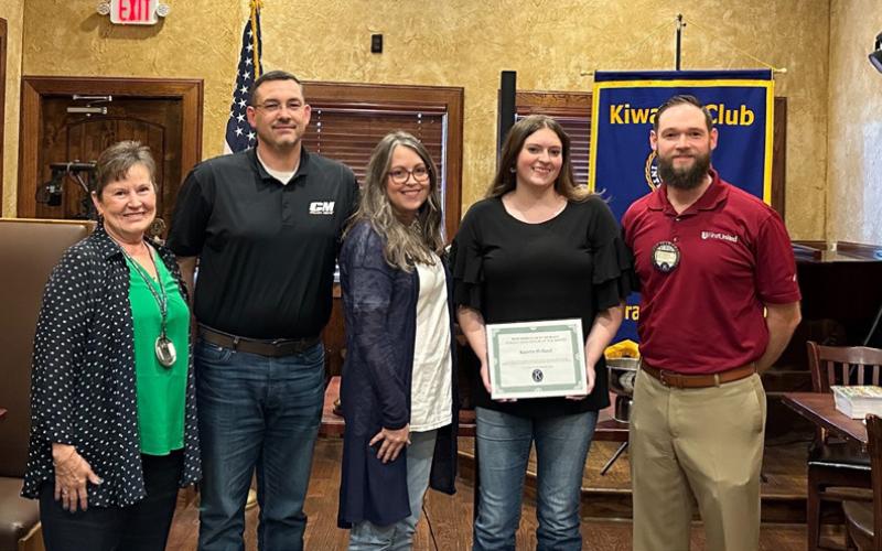 The Kiwanis Club’s Durant High School Senior of the Month is Kamryn Holland. She is shown with Kiwanian Phyllis Rustin, her parents Jerry and Amy Holland and Kiwanis President Kyle Stephens.
