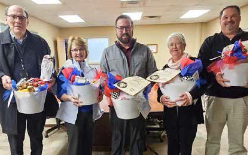 January is School Board Appreciation Month and Durant Board of Education members were presented gift baskets during a Monday meeting of the board. From left, Paul Buntz, Janie Umsted, Chaz Polk, Joyce Northcutt and Jason Manous. Matt Swearengin | Durant Democrat