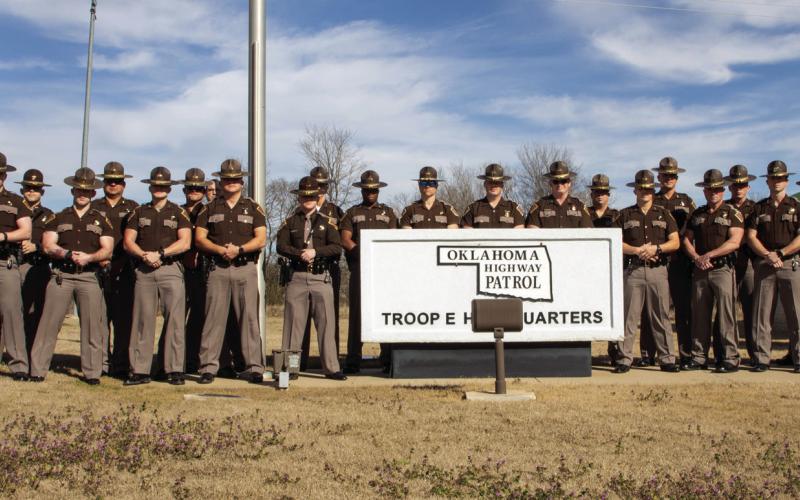 Members of Oklahoma Highway Patrol Troop E pose at the headquarters in Durant.