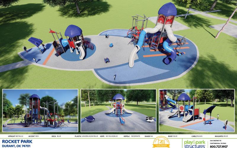 This is a rendition showing new playground equipment that will be installed at Dixon Durant Park, commonly called “Rocket Park.” Image provided | City of Durant