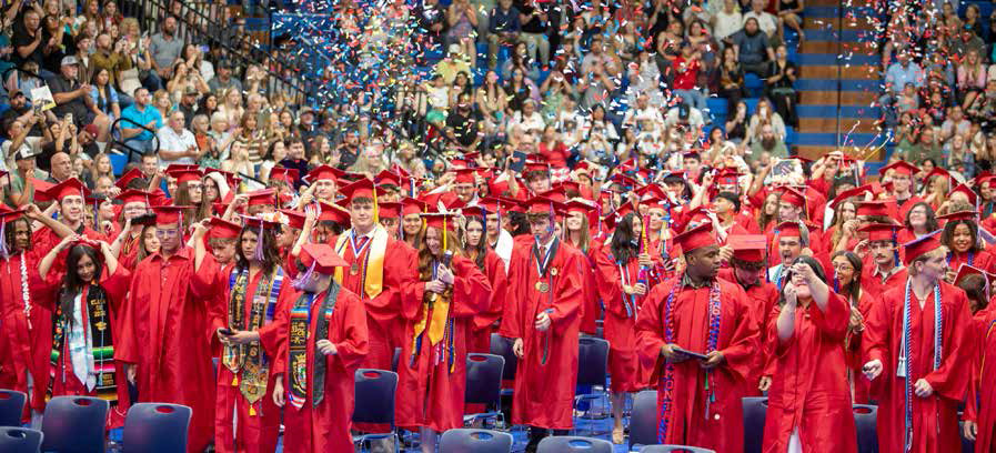 The Durant High School class of 2026 celebrates at the conclusion of commencement May 21 at Southeastern Bloomer Sullivan Arena. Matt Swearengin | Durant Democrat