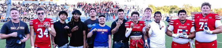 The 2026 Durant Lions boys powerlifting team was recognized for their back-to-back state championship before the start of a recent football game. From left, Conlee Tiffie, Draegen Baker, Christopher Beccera, Justin Andrus, Cruz Gomez, Jahir Ascencio, Jaxson Cuesta, Brandon Cordell, Jaston Stepp, Coach Dills, Christopher Hix and Gage Rocha. Not pictured is Stephen Manhard. Paul Steen | Boss Hogg Photography
