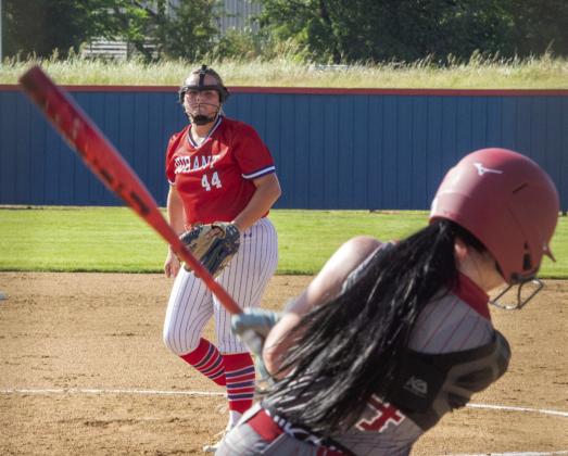 An Ardmore batter swings the bat after Durant Lady Lion pitcher Emma Sherrer fired the ball. Matt Swearengin | Durant Democrat