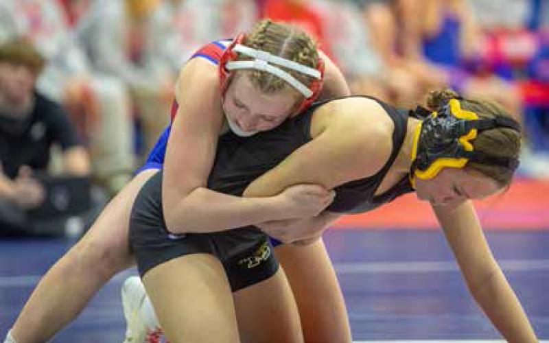 Lady Lion Addison Polk and Madill Lady Wildcat Andie Wallace wrestle during last week’s dual at Durant. Matt Swearengin | Durant Democrat