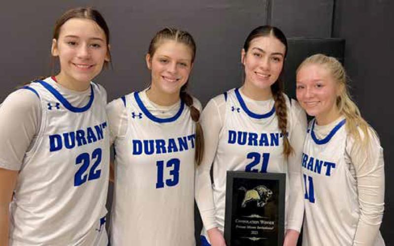 It was a great effort from the Durant Lady Lions who defeated Muskogee 39-38 to win the consolation title at the Primus Moore Invitational in McAlester. Shown are seniors Emeri Morse, Maya Dodson, Sydney Grover and Kennedy LaFevers. Jim Reagan | KLBC