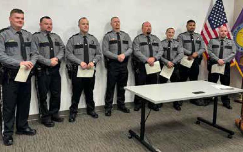 Choctaw Nation Lighthorse law enforcement officers from left, Christian Minyen, Jacob Heath, Brenton Hall, Jeff Bryant, Robert Rocha, Cody Donoley, Zach Chavez, and Danny Smith all received “Life Saver” awards.