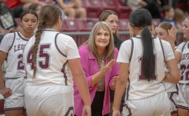 Matt Swearengin | Durant Democrat Colbert Lady Leopards head coach Darlene Davis talks to players during last week’s game with Silo.