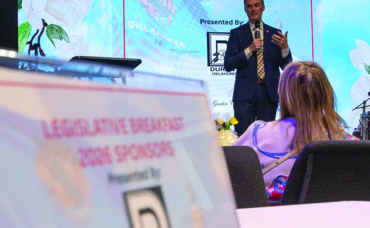 State Rep. Cody Maynard speaks during the recent legislative breakfast. Matt Swearengin | Durant Democrat