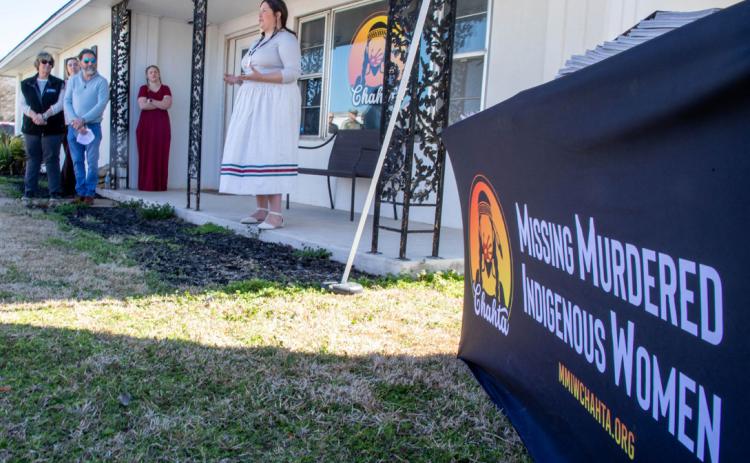 Karisa Newkirk, president of Missing Murdered Indigenous Women, speaks before a ribbon cutting from the Durant Area Chamber of Commerce. The agency provides services to families affected by women who are missing or have been murdered.