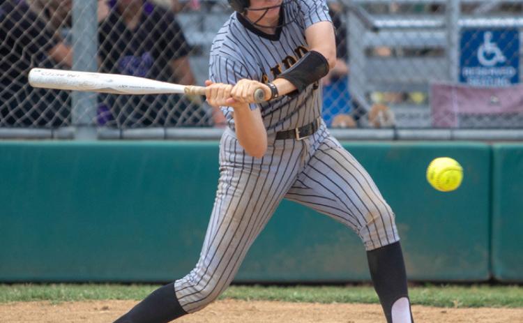 Caddo Lady Bruin Brylee Daniel is about to swing at the ball during a tournament game with Hilldale last Saturday at the Durant Multi-Sports Complex. Matt Swearengin | Durant Democrat