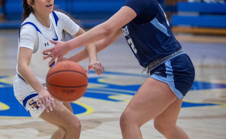 Southeastern’s Connie Hughes faces a Southwestern player during a recent home game. Matt Swearengin | Durant Democrat