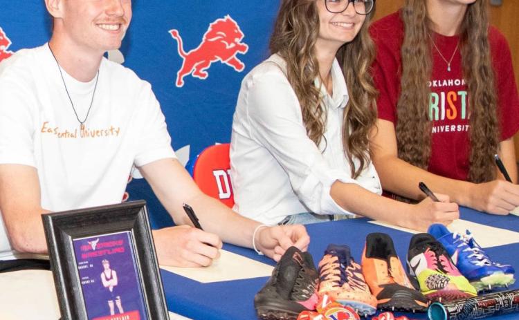 Three Durant athletes signed college offers recently. From left, Aiden Sager, track, East Central; Zoe Jones, cross country, Murray State, and Laila Ahmed, track and field, Oklahoma Christian. Matt Swearengin | Durant Democrat
