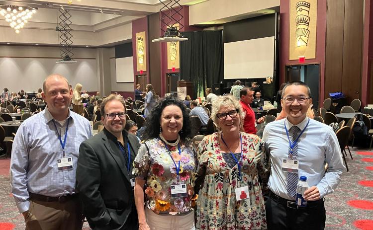 From left, Dr. Eric Kennedy, Dr. Aaron Adair, Dr. Kalyn McAlester, Dr. Katheryn Shannon, and Dr. Arthur Tran represented Southeastern at the 2026 AI Symposium for Oklahoma Educators. Photo provided