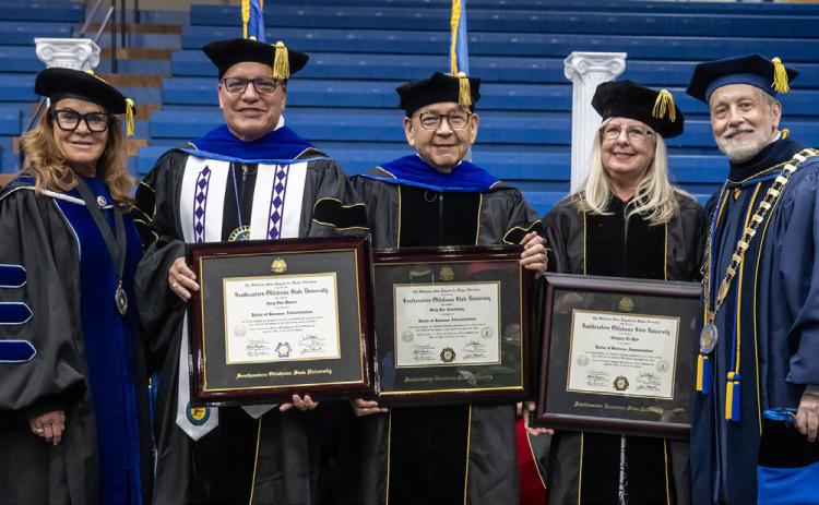 Honor Doctor of Business Administration degrees were awarded to Chief Gary Batton, Governor Bill Anoatubby and posthumously to Chief Gregory Pyle and his wife Patti Pyle is shown. Also shown are Regional University System of Oklahoma Regent Amy Ford and Southeastern President Dr. David Whitlock. Dan Hoke | SE
