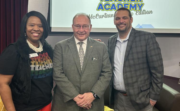 Three State Teachers of the Year, from left, Traci Manuel of Tulsa Booker T. Washington HS (Oklahoma, 2023), Beau McCastlain of De Queen (Arkansas, 2024), and Stephen Smallwood of Rattan (Oklahoma, 1996) were on the Teacher Panel hosted by Southeastern. Photo provided