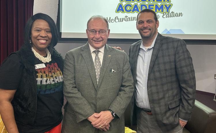 Three State Teachers of the Year, from left, Traci Manuel of Tulsa Booker T. Washington HS (Oklahoma, 2023), Beau McCastlain of De Queen (Arkansas, 2024), and Stephen Smallwood of Rattan (Oklahoma, 1996) were on the Teacher Panel hosted by Southeastern. Photo provided