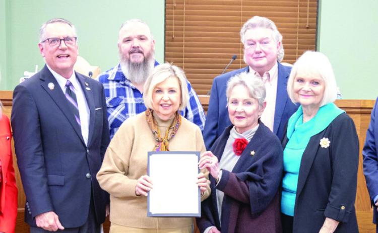 Jan. 21 was declared P.E.O. International Founders Day in Durant during a Durant City Council meeting last week. P.E.O members Barbara Rackley, Priscilla Washington and Marjorie Richardson are shown with Durant Mayor Martin Tucker, City Manager Pam Polk, Vice Mayor Mike Simulescu and council members Danny Sherrer and Humphrey Miller. Matt Swearengin | Durant Democrat