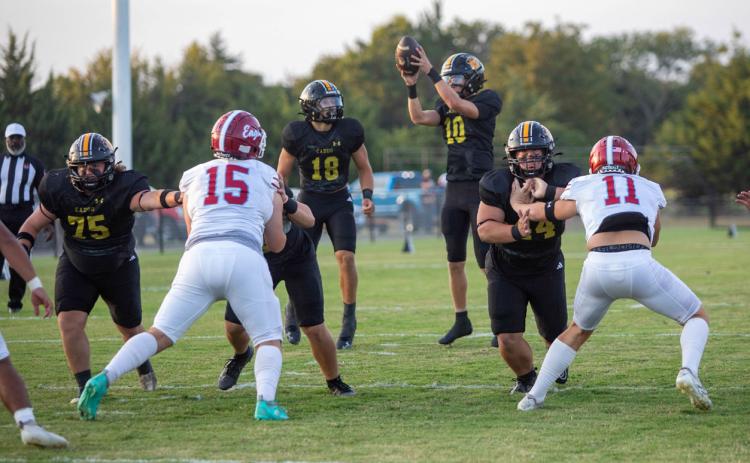 Matt Swearengin | Durant Democrat Caddo Bruins shown in the game with the Waurika Eagles are, Dillon Speers, Bayler Black, Cale Wigington and Mason Scarborough.