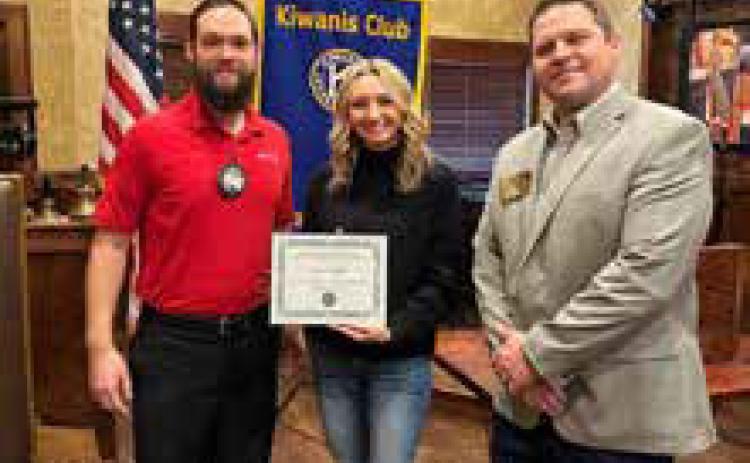 The Kiwanis Club Bryan County Senior of the Month is Kaysun Thralls. She is shown with Kiwanis President Kyle Stephens and Kiwanian Ryan Richardson.