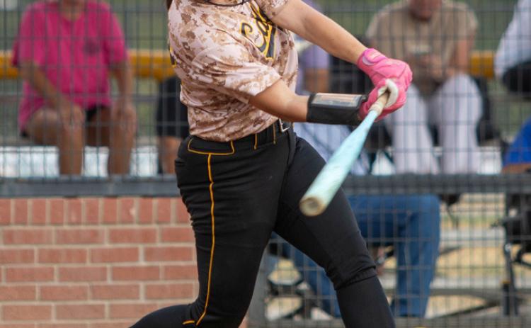 Caddo Lady Bruin Kiersyn Powell hits the ball during the home game with Durant. Matt Swearengin | Durant Democrat