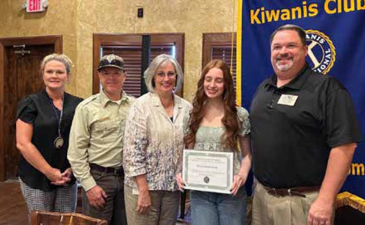 Hannah Balkenbush is the October Kiwanis Durant High School Senior of the Month. Also shown are Kiwanis President Shyla Whitlock, parents Paul and Janice Balkenbush, and Kiwanian Jason Manous. Photos provided