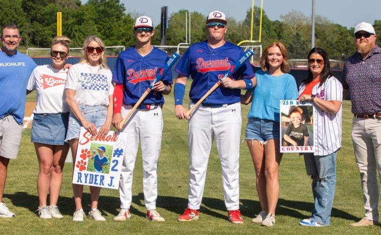 Durant baseball seniors Ryder Jones and Reid Thompson were honored during Senior Night before the game April 22. Matt Swearengin | Durant Democrat