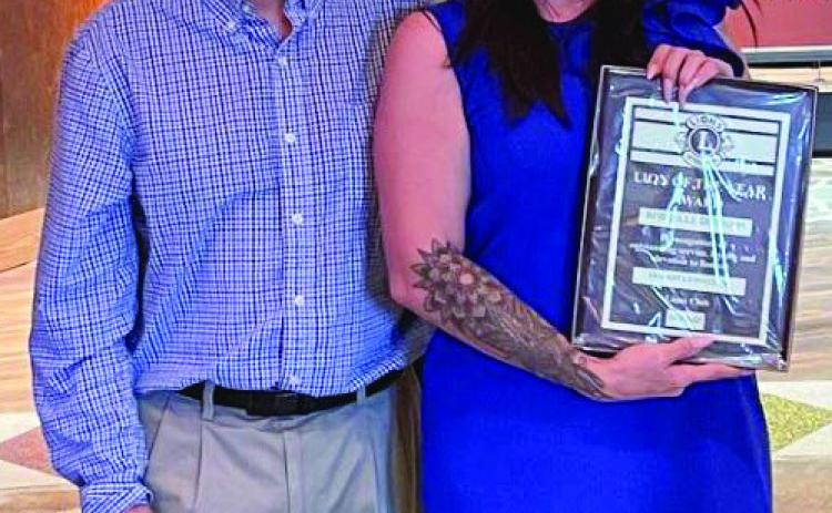 Durant Lions Vice President Shelley Dunnam received the Lion of the Year award at the recent Durant Lions Club Banquet. She is shown with outgoing Lions President Layne Heitz. Photos provided