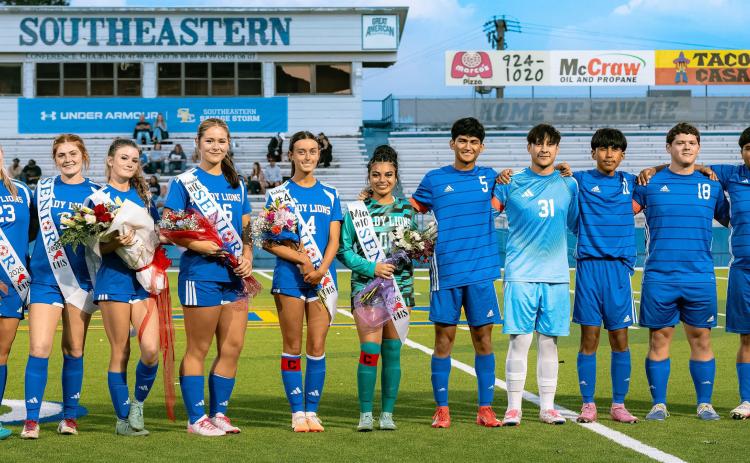 Durant soccer seniors were honored on April 24. From left, Daryan Eubanks, Lily Determan, Jaci Floyd, Maddie Turner, Marigold Moore, Katelyn Mauck, Mia Ibarra, Erick Lazaro, Leland Hardwick, Christopher Becerra, Otto Baskin, Abraham Reyna and Johnathan Hitchcock. Paul Steen | Boss Hogg Photography