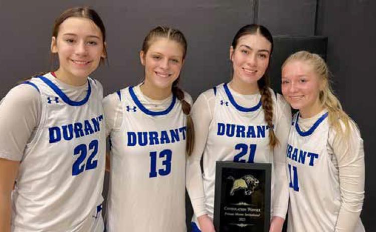 It was a great effort from the Durant Lady Lions who defeated Muskogee 39-38 to win the consolation title at the Primus Moore Invitational in McAlester. Shown are seniors Emeri Morse, Maya Dodson, Sydney Grover and Kennedy LaFevers. Jim Reagan | KLBC