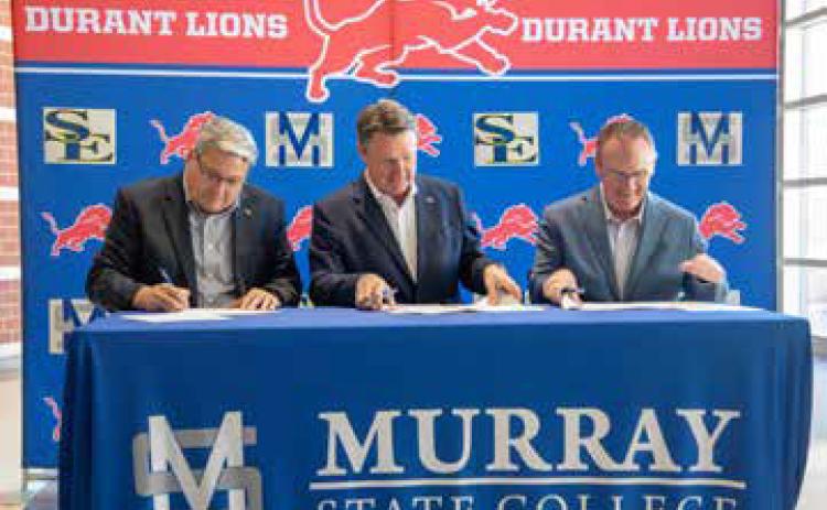 An agreement was signed last Friday among Durant Public Schools, Southeastern Oklahoma State University and Murray State College that will allow Durant High School students to take nursing degree courses for college credit. From left, Southeastern President Thomas Newsom, Murray State President Tim Faltyn and Durant Schools Superintendent Mark Moring. Matt Swearengin | Durant Democrat
