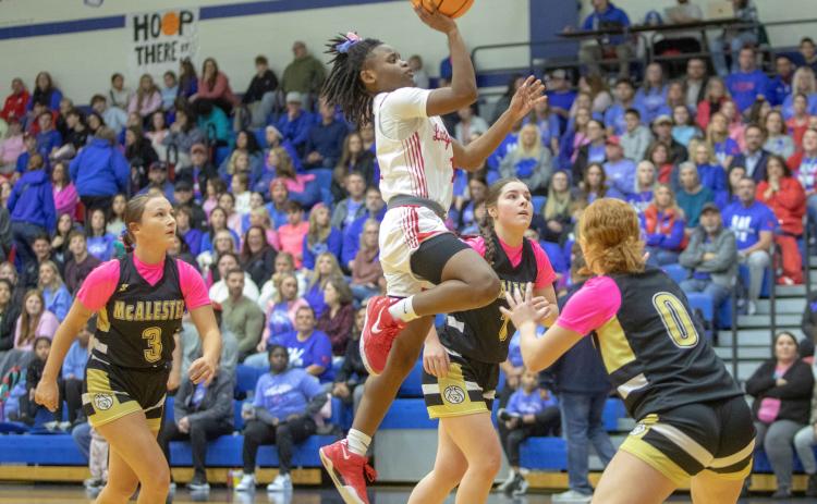 Lady Lion Iyana Wilson goes up for a basket in the game with McAlester. Matt Swearengin | Durant Democrat