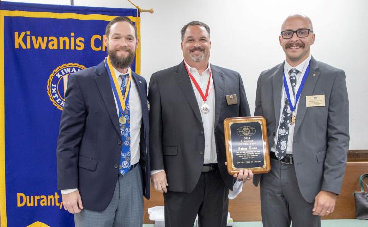 Hudson Toews, right, was named the Kiwanian of the Year during the Kiwanis Club of Durant’s annual banquet. Also shown are outgoing President Kyle Stephens, left, and past President Jason Manous, who presented the honors and awards during the banquet. Matt Swearengin | Durant Democrat