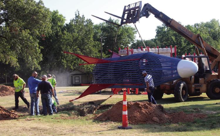 The rocket slide was removed from Dixon Durant Park in February and it landed back at the park on Monday. Photo by City of Durant