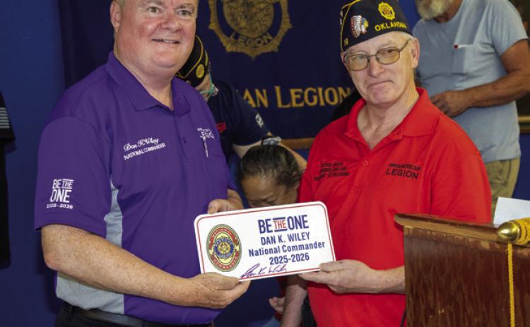 Dan Wylie, national commander for the American Legion, visited Durant Green-Bryant Post 39 last week and he visited with local post commander Hayden Woods, right, and other American Legion members. Matt Swearengin | Durant Democrat
