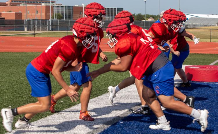 The Durant Lions are practicing for the upcoming football season. The first game is Aug. 28 at Ada and the Lions will play Broken Bow at home on Sept. 4. Matt Swearengin | Durant Democrat