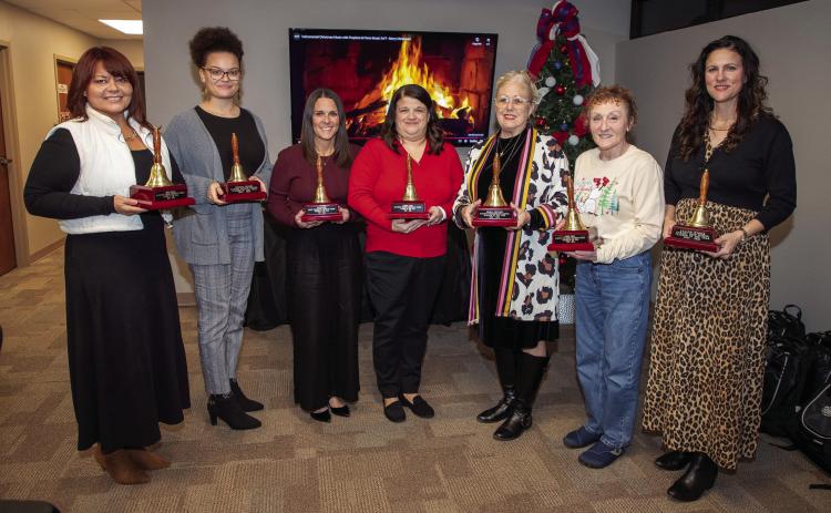 Teachers of the Year for each Durant campus were recognized during a meeting of the school board. From left, Misty Cedillo, Washington Irving; Helena Guidry, middle school; Sarah Baskin, George Washington; Lindsey Kaler, Northwest Heights; Sharla Mullens, intermediate school; Becky Coker, Robert E. Lee, and Leaann Wyrick, high school. The Durant Teacher of the Year will be named in early 2026. Matt Swearengin | Durant Democrat