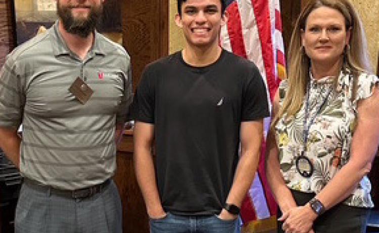 Shown are, Kiwanian Kyle Stephens, Scholarship Winner Mitchell Palmer and Kiwanis President Shyla Whitlock. Photos provided
