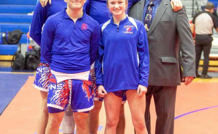 Durant wrestling seniors Addison Polk, Asa Pierce, Austin Stachowski and Bo St. Clair were honored during senior night before the wrestling dual Jan. 16. They are shown with head coach Jim Taylor. Matt Swearengin | Durant Democrat