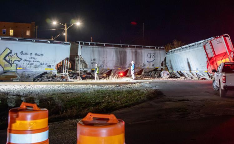 Matt Swearengin | Durant Democrat A train derailed in Durant Monday afternoon near Lost Street Brewing Co. and several railroad crossings were blocked. Durant Emergency Management said the train was not carrying hazardous materials and that crossings at Main Street and South First Avenue would be blocked for an unknown time.