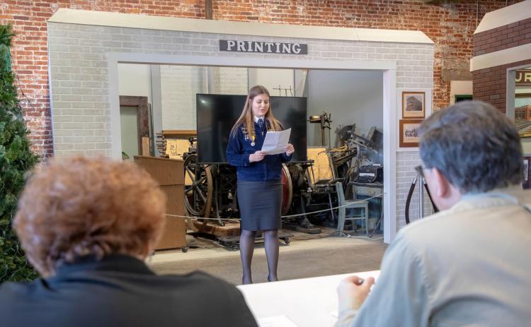 Kori Jo Whitley of Durant FFA gives her speech during the Durant Rotary Club Four-Way Test Speech Contest at Three Valley Museum. Matt Swearengin | Durant Democrat