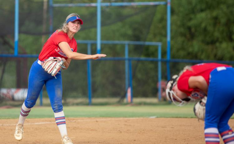 Silo Lady Rebel Neely House throws the ball in the home game with Calera. Matt Swearengin | Durant Democrat