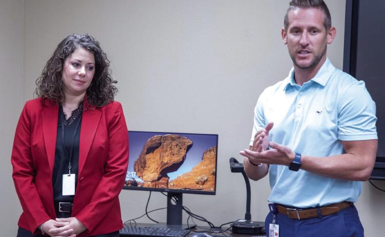 Northwest Heights Elementary School Principal Taylor Downs talks about NWH STEM teacher Kasey Bennett, who is a top 10 finalist for Oklahoma Teacher of the Year. Bennett was recognized at a Durant Board of Education meeting. Matt Swearengin | Durant Democrat