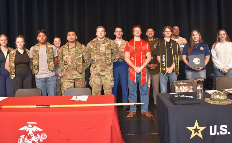 There was a military signing ceremony for nine Durant High School seniors who will enter the military and the following signed: U.S. Army National Guard, Zachary Dosier, Edwin Ortiz Ajavon, Samuel Abigail Smith and Emily Smith. U.S. Marine Corps, Saxon Schomer. U.S. Army, Bryce Wallace. U.S. Navy, Brittany Vazquez, and U.S. Air Force, Melanie Nester. Delinda Knox | Durant Public Schools