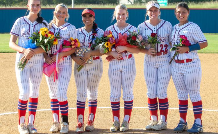 Durant Lady Lion softball seniors from left, Kaitlen Rush, Kenzee Petty, Mia Ibarra, Ava Booth, Brynn Ritenour and Daryan Eubanks were honored during a recent senior night before the game. Matt Swearengin | Durant Democrat