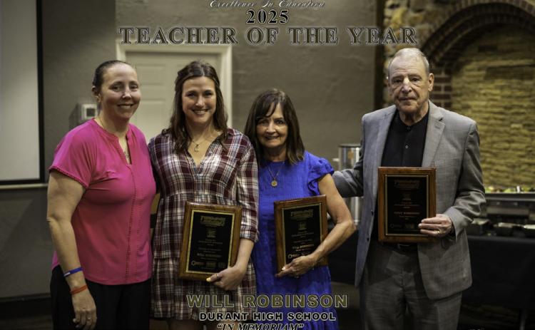 Durant Lady Lions basketball coach Will Robinson was posthumously awarded the Educator of the Year during the Mid Continental Broadcasting Excellence in Education awards banquet at Roadhouse 77. On the right are Will’s parents, Tony and Beth Robinson and on the left are Will’s sister Taylor Robinson and his widow Kristen.